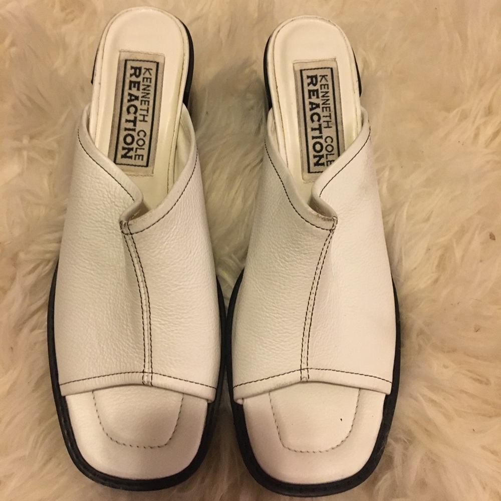 White Block Heel Contrast Stitch Block Heel Mules